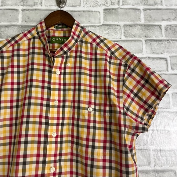 Orvis Collarless Orange Green Gingham Plaid Checked Button Up Short Sleeve Sz L - Picture 2 of 6